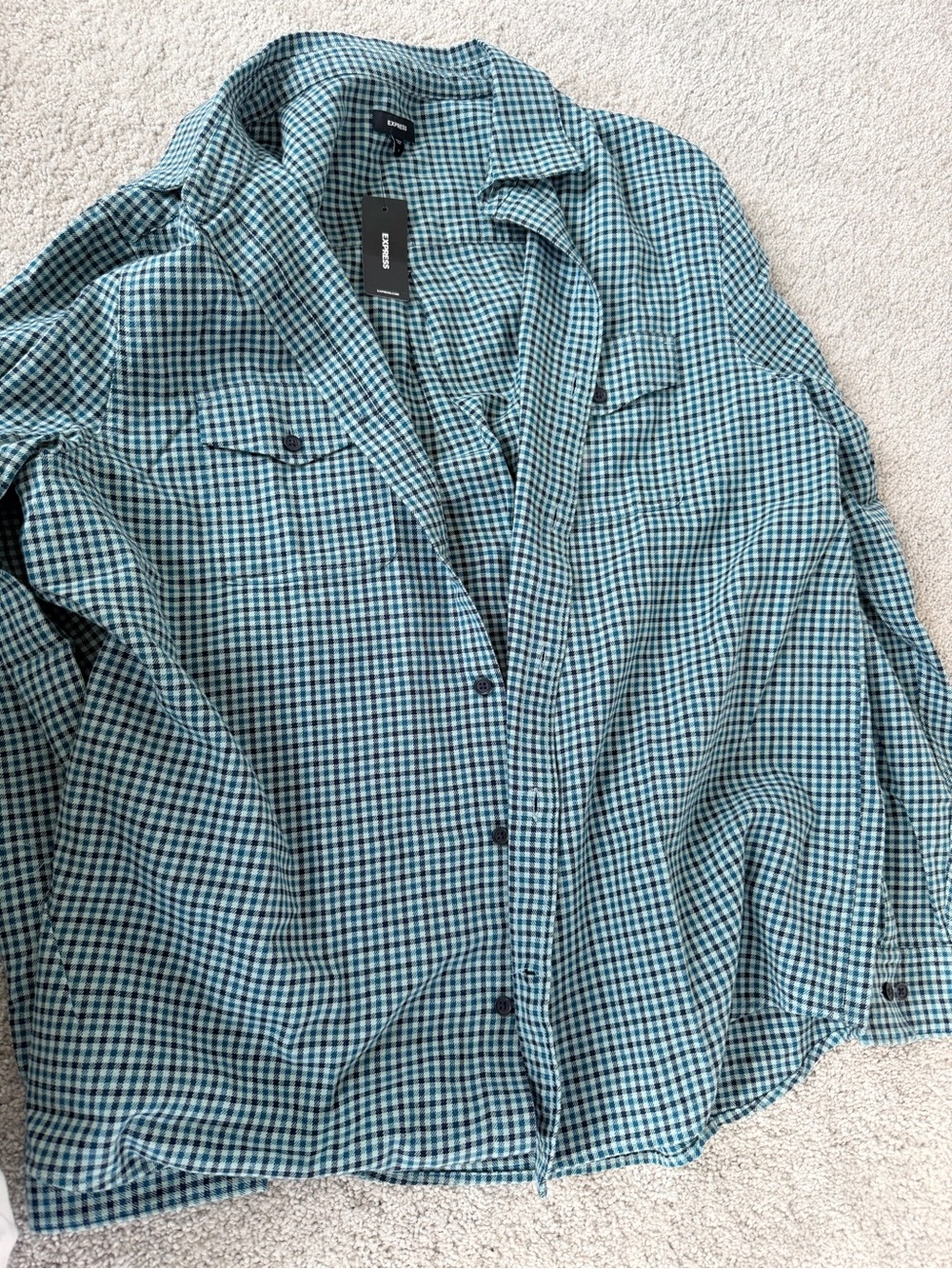 New with Tags: Express Plaid Button-Up Shirt in Teal and Navy